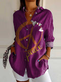 Women's Love Peace Hippie Pattern Art Print Casual Cotton Shirt