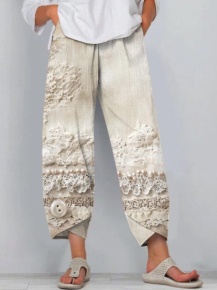 Layered Lace Patchwork Art Linen Blend Pants artswardrobe