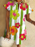 Green Stripes and Flower Ruffled Short-sleeved V-neck Buttoned Dress Vacation Beach Dress