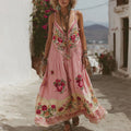 Pink Rose Embroidery V-neck Suspender Maxi Dress artswardrobe