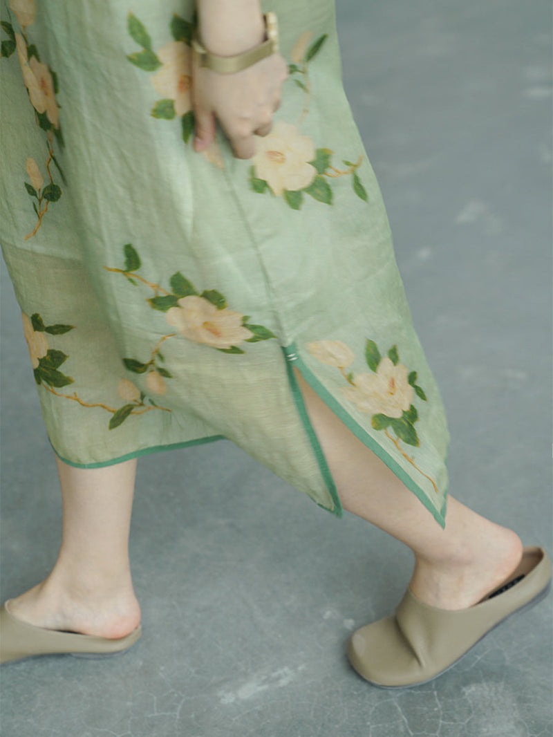 Artsy Flower Print Button Linen Robe Dress