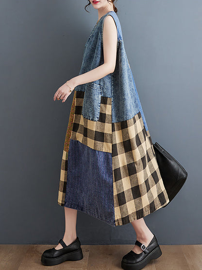 Summer Patch Spliced Pocket Denim Vest Dress