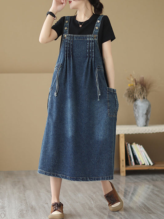Summer Retro Pleat Drawstring Pocket Denim Dress