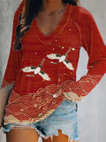 Comstylish Japanese Art Waves Print Casual V-Neck Long Sleeve T-Shirt