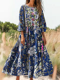 Women's Vintage Ethnic Floral Art Print Flowy Cotton Crew Neck Dress