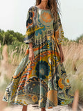 Women's Vintage Paisley Print Flowy Crew Neck Pocket Cotton Dress