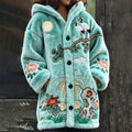 Comstylish Japanese Floral & Crane Embroidery Design Women's Hooded Flannel Cardigan