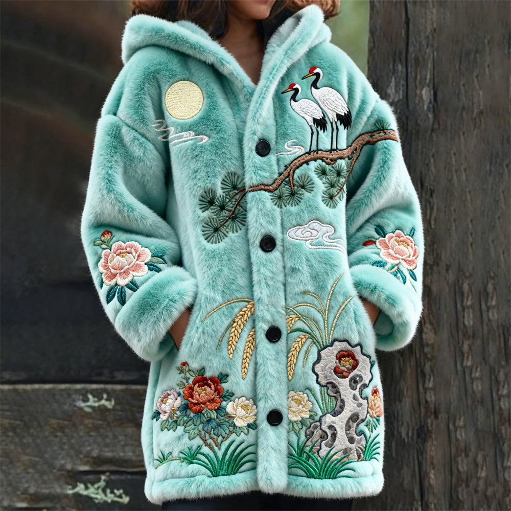 Comstylish Japanese Floral & Crane Embroidery Design Women's Hooded Flannel Cardigan