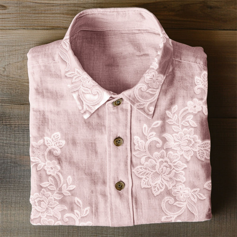 Comstylish Classy Floral Embroidered Lace Linen Blend Blouse