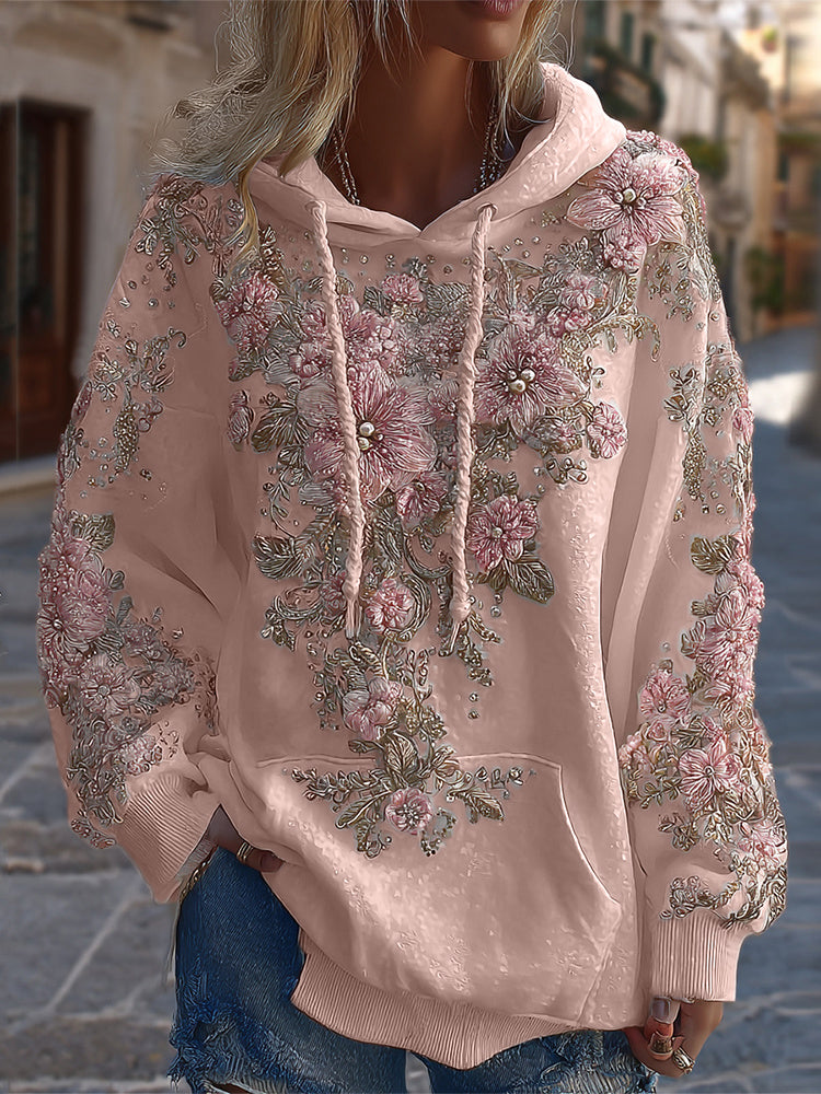 Women's Classic Floral Embroidery Art Comfy Hoodie artswardrobe