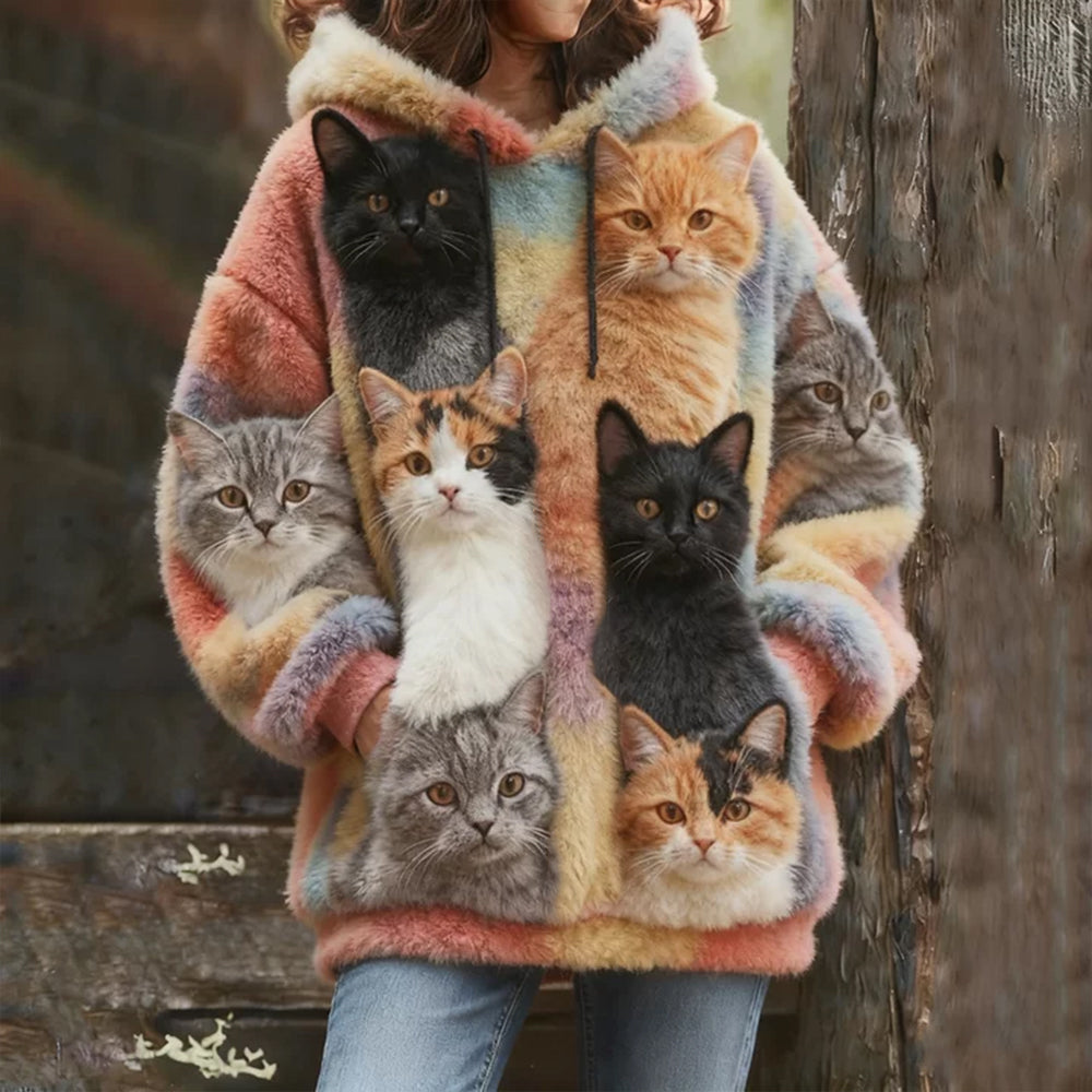 Comstylish Probe Cute Cat Flannel Hoodie