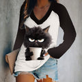 Black Cat Print V-Neck Long Sleeved T-Shirt elevenforest