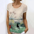Comstylish Women'S Flowers & Black Cat Short Sleeve Casual Shirt