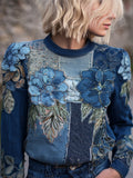 Boho Floral Geometric Thread Embroidery Vintage Women's Linen Crew Neck Sweatshirt elevenforest