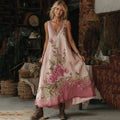 Vintage Classy Gradient Pink Roses Embroidered Linen Maxi Dress artswardrobe