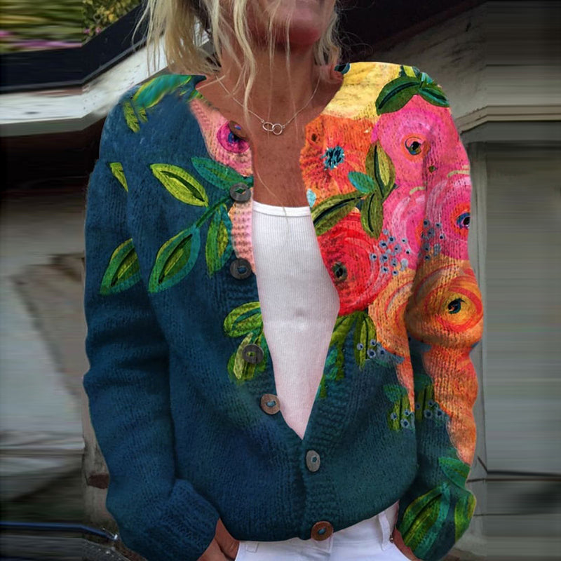 Comstylish Vintage Floral Art Knitted Warm Sweater Cardigan