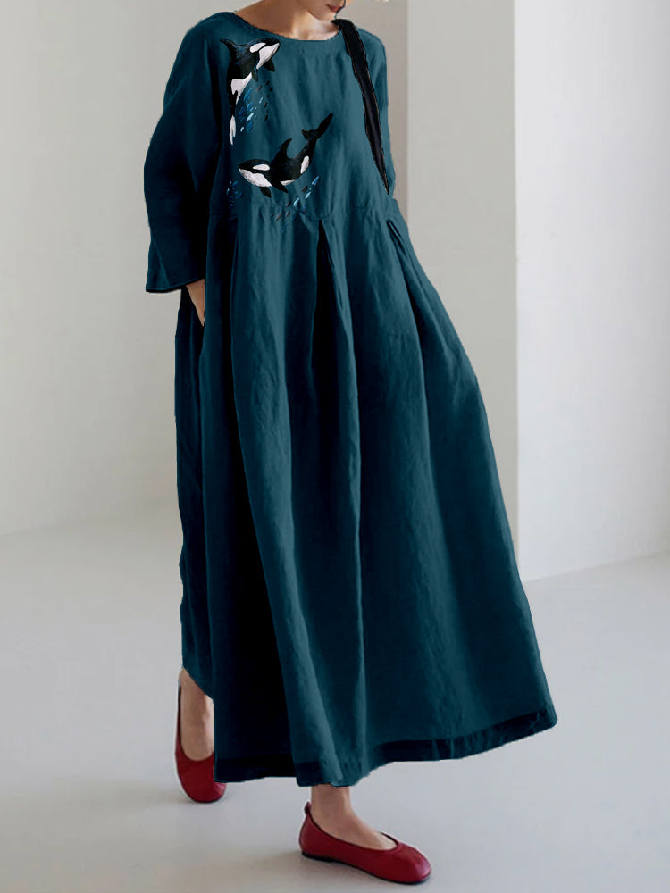 Comstylish Whales Embroidery Art Vintage Linen Blend Maxi Dress
