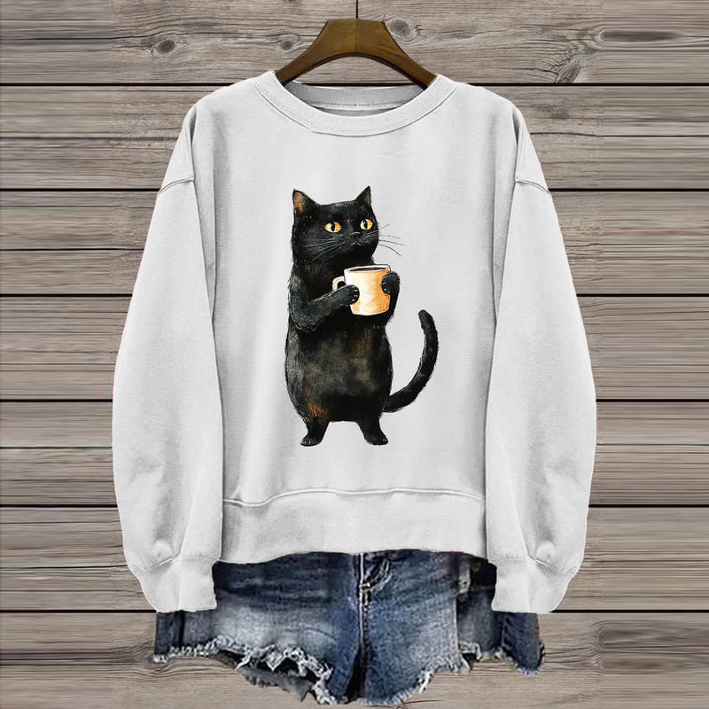 Women's Cute Black Cat Print Casual Sweatshirt elevenforest