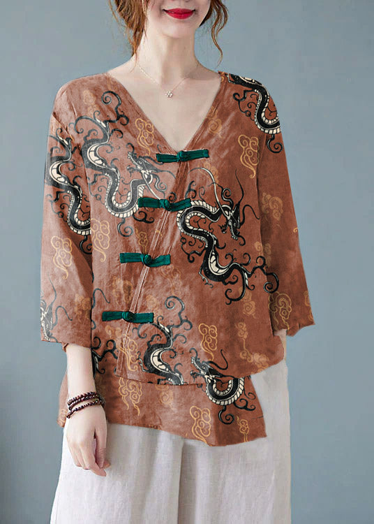 Brown Dragon V Neck Print Shirts Half Sleeve