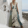 Vintage Cherry Blossoms Splicing  Art Linen V Neck Long Dress artswardrobe