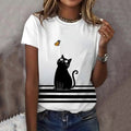 Abstract Creative Cute Black Cat Play With Butterfly Art Print Cotton Graphic T-shirt elevenforest