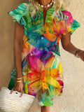 Flower Print Ruffled Short-sleeved V-neck Buttoned Dress Vacation Beach Dress