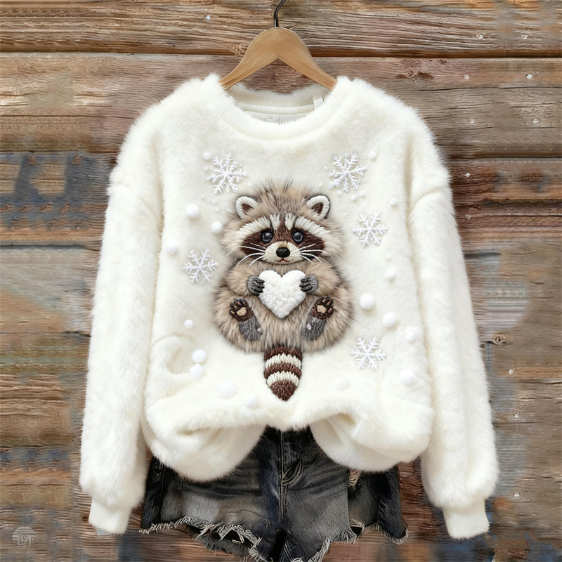 Comstylish Lovely Raccoon & Snow Embroidered Cozy Plush Sweatshirt
