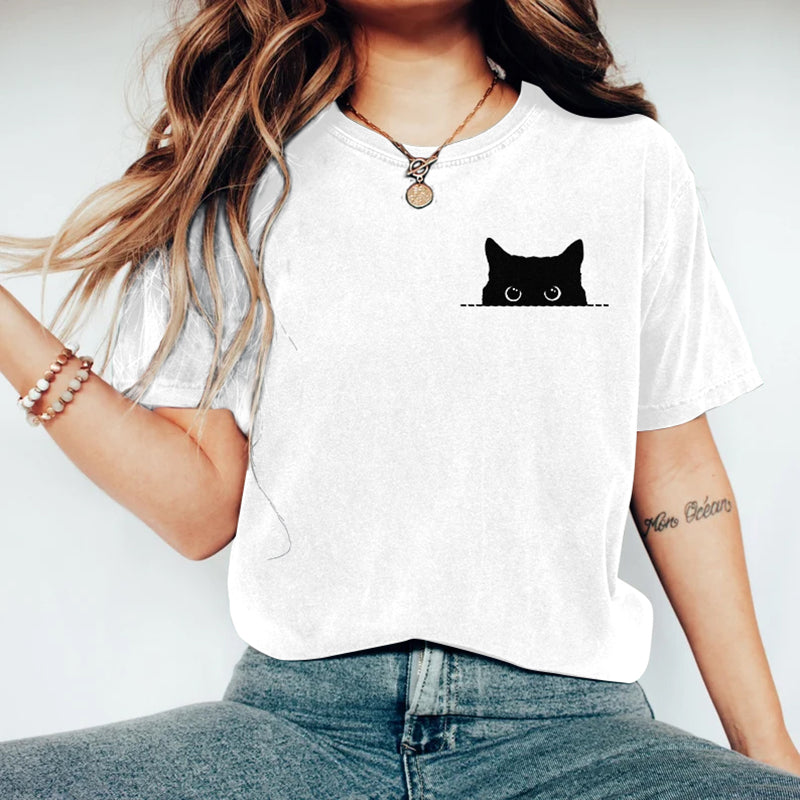 Comstylish Women's Black Cats Art Washed T Shirt