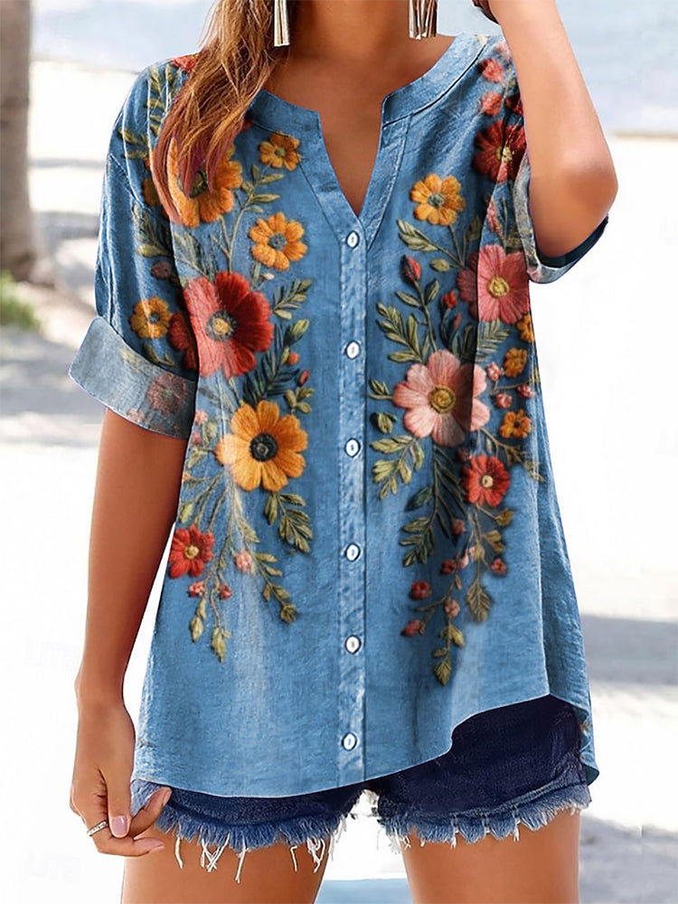 Women's Bohemian Floral Art Print Casual Cotton And Linen Shirt