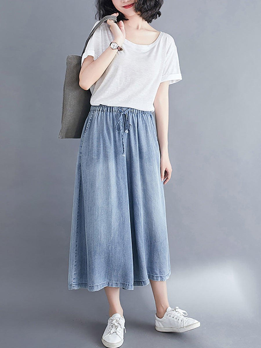 Washed Drawstring Wide-leg Denim Pants