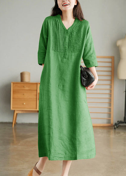 Blue Print10 Loose Linen Long Dresses Button Half Sleeve