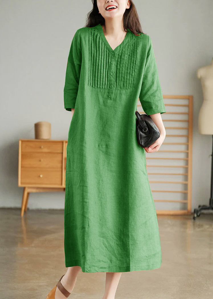 White Print8 Loose Linen Long Dresses Button Half Sleeve
