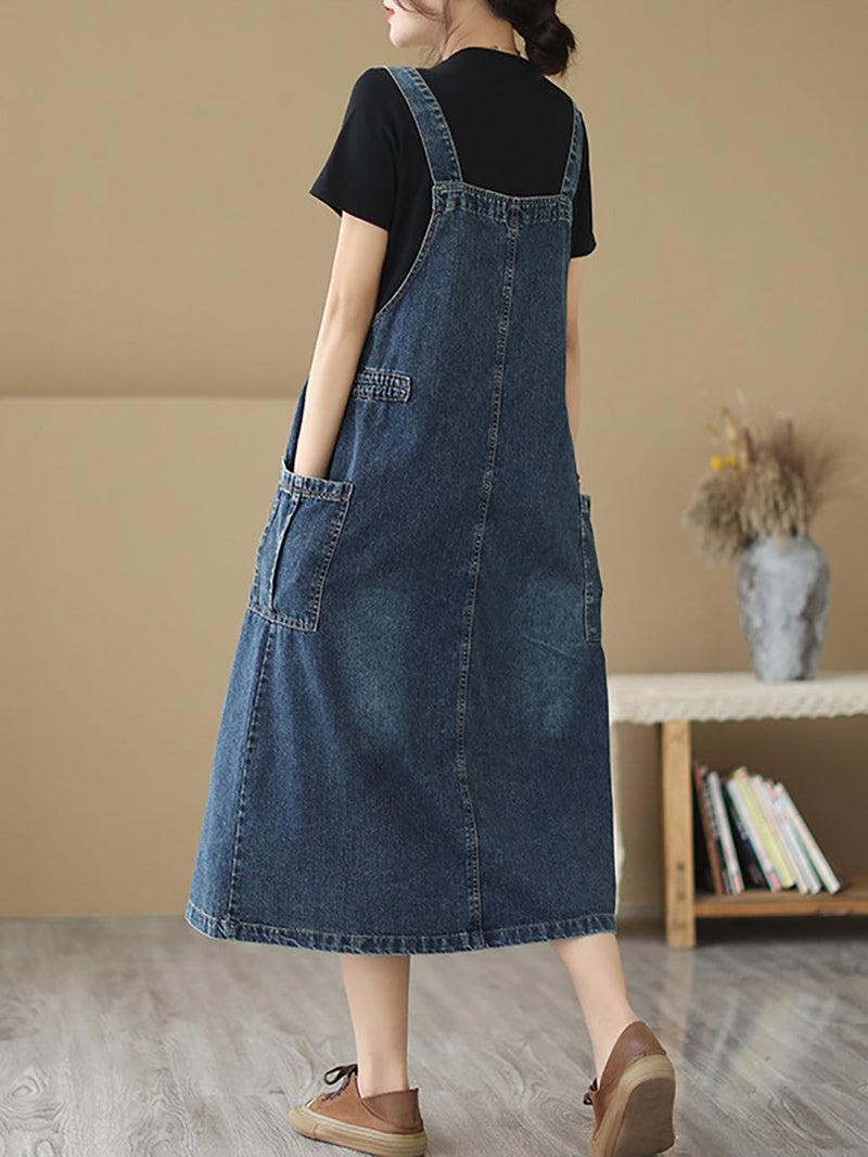 Summer Retro Pleat Drawstring Pocket Denim Dress