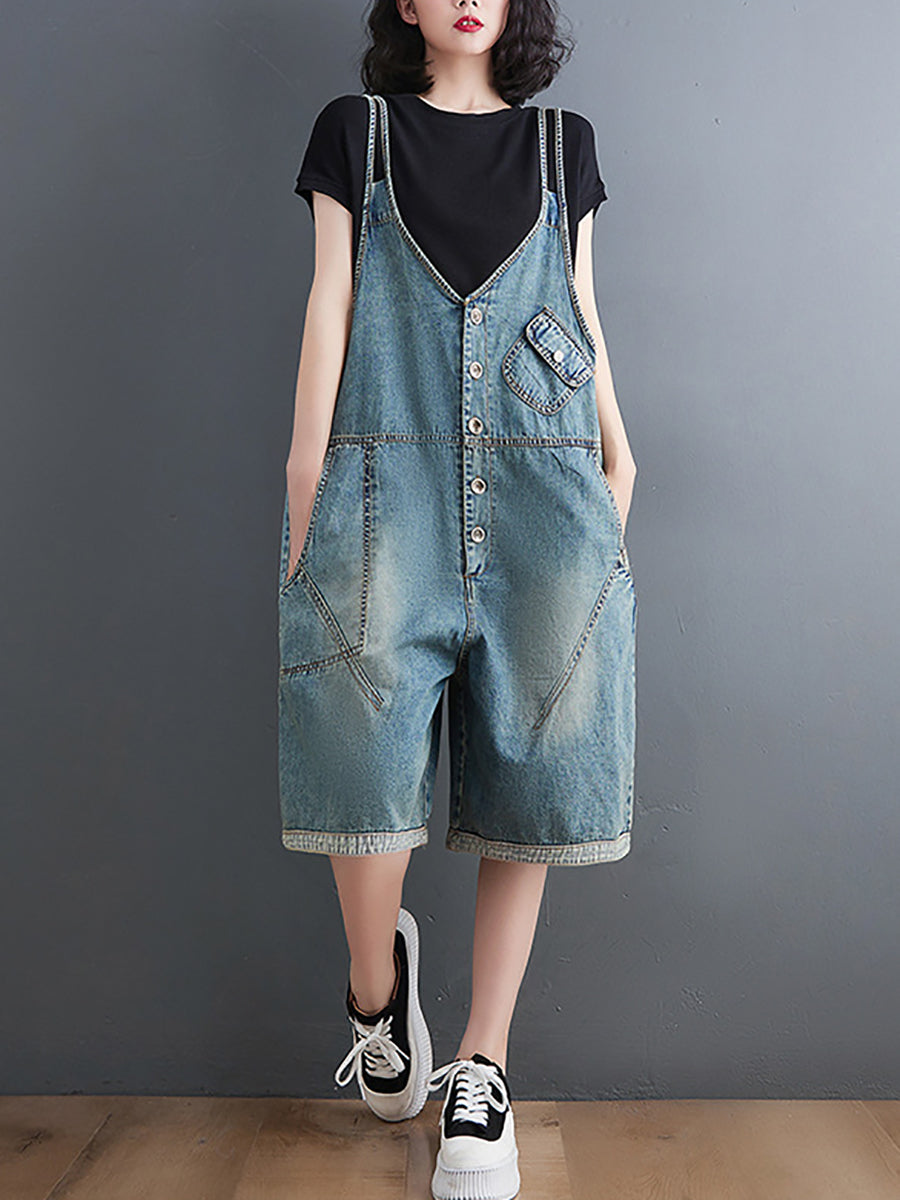 Washed Pocket V-neck Denim Jumpsuits