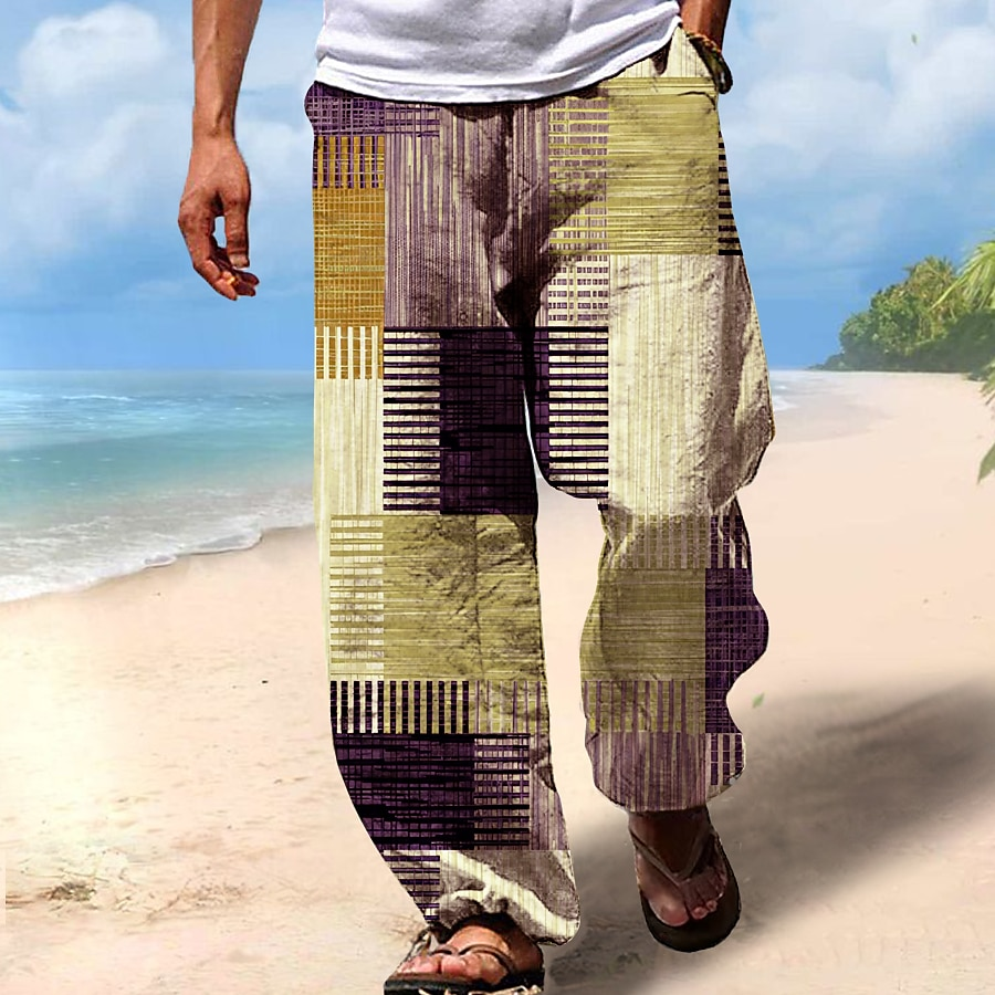 Vintage Beach Drawstring Elastic Waist Geometric Art Linen Blend Casual Pants artswardrobe