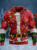 Comstylish Men's Christmas Lights Santa Claus Plush Hooded Sweatshirt
