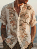 Boho Floral Lace Embroidered Men's Linen Short Sleeve Shirt artswardrobe