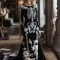 Comstylish Women's Halloween Dark Gothic Rose Skeleton Velvet Round Neck Maxi Dress