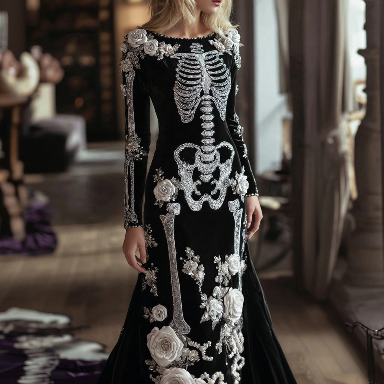 Comstylish Women's Halloween Dark Gothic Rose Skeleton Velvet Round Neck Maxi Dress