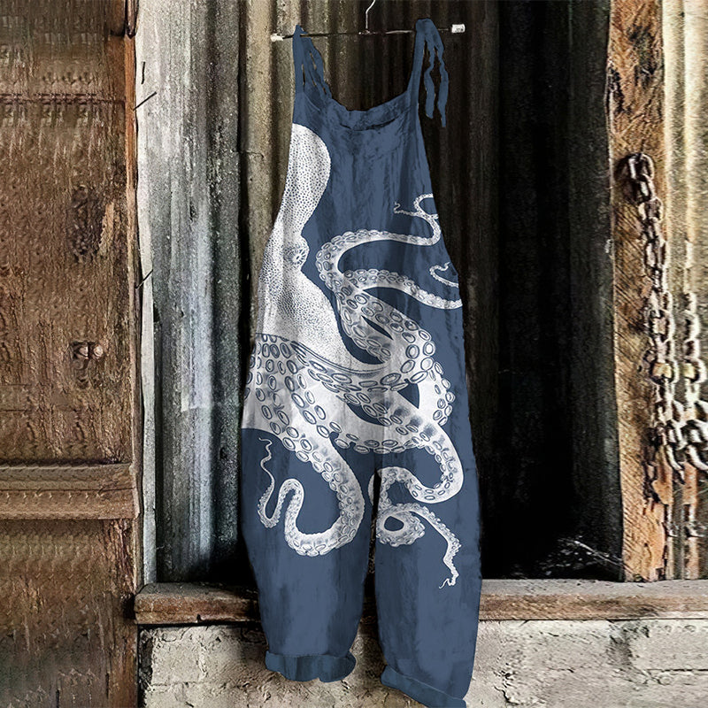 Comstylish Japanese Art Octopus Print Loose Casual Jumpsuit
