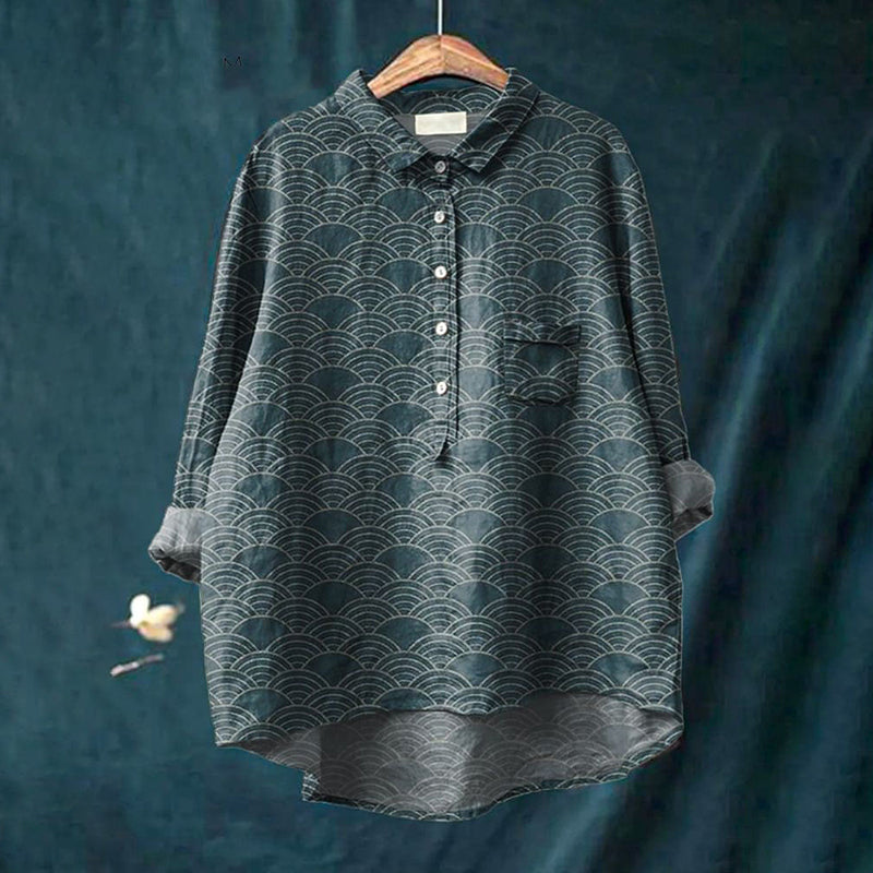 Comstylish Japanese Geometric Pattern Printed Women's Casual Cotton And Linen Shirt