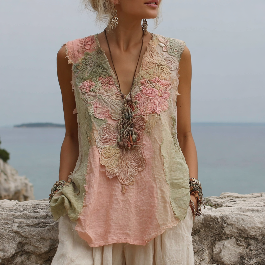 Women's Vintage Floral Patchwork Sleeveless Top artswardrobe