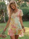 Vintage Boho Romantic Floral Women's Round Neck Short Sleeve Mini Dress artswardrobe