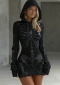 Comstylish Women's Vintage Halloween Skeleton & Rose Art Cozy Hooded Dress