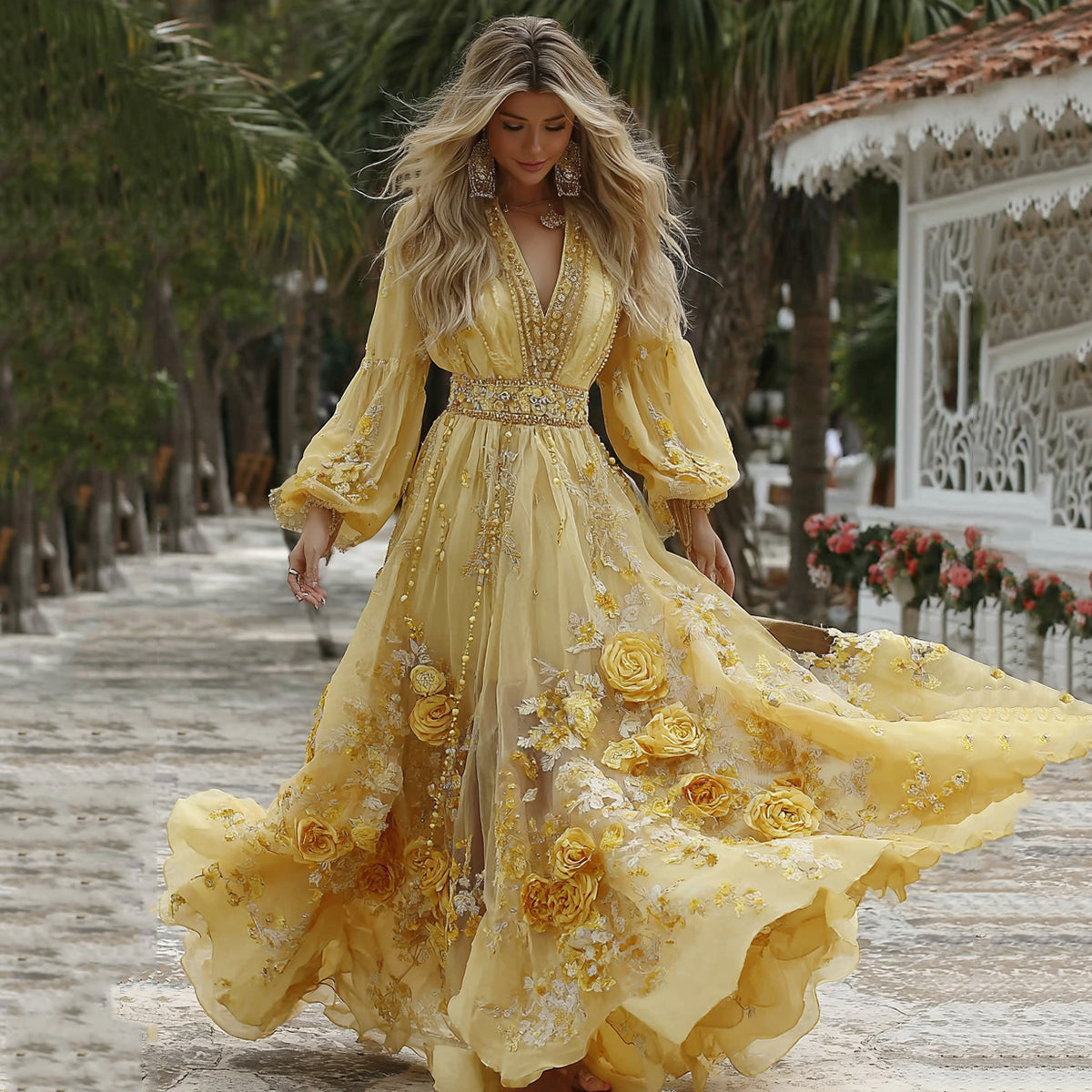 Comstylish Women's Classic Yellow Roses And Floral Art Print V-neck Long Sleeve Maxi Dress