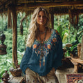 Comstylish Vintage Bohemian Floral Embroidery Linen Blend Shirt