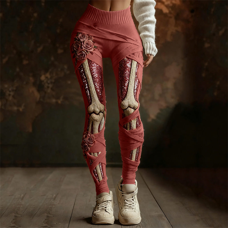 Comstylish Classy Roses Skeleton Anatomy Sequins Bandages Cozy Knit Leggings