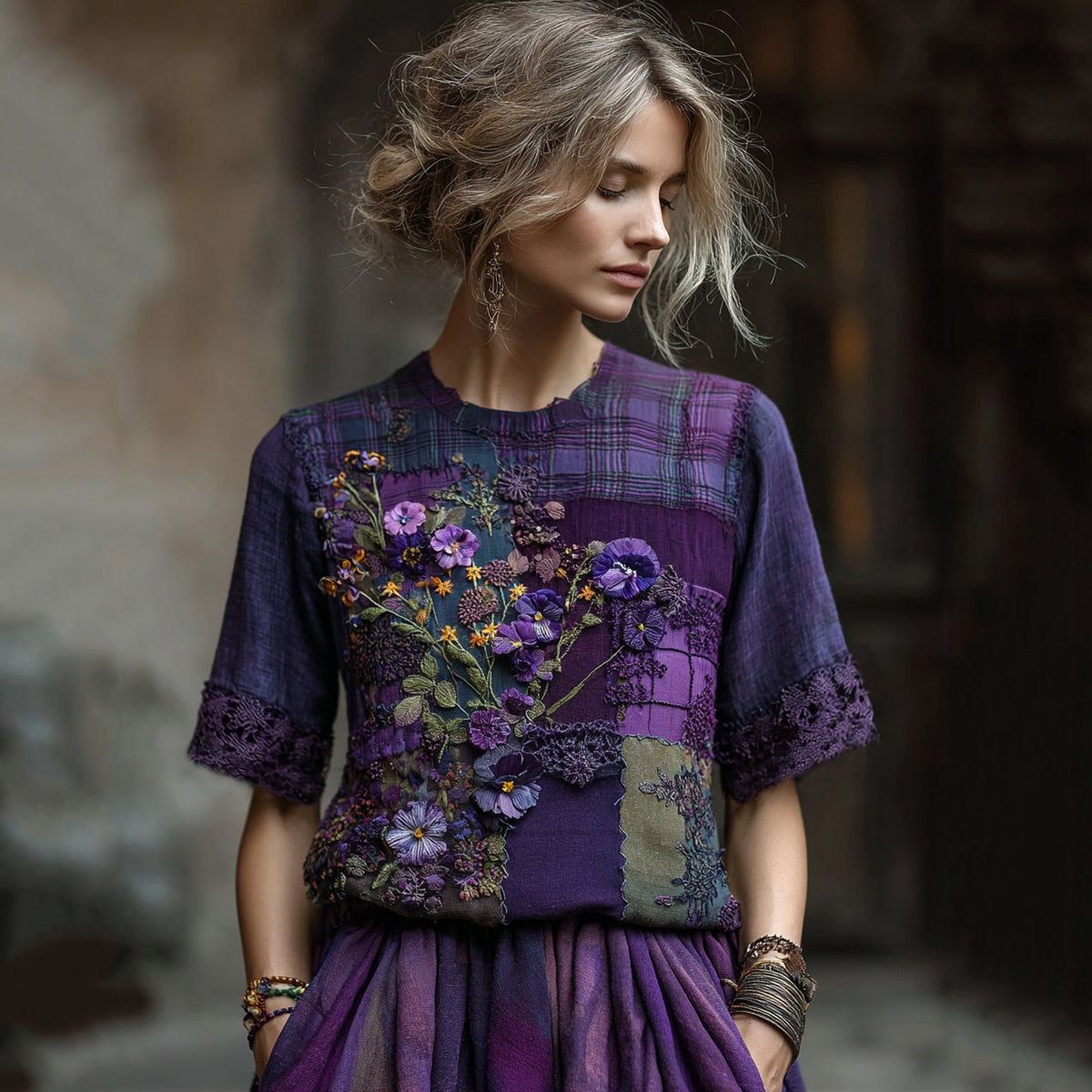 Women's Embroidered Pansy Floral Patchwork Check Short Sleeve T-shirt artswardrobe