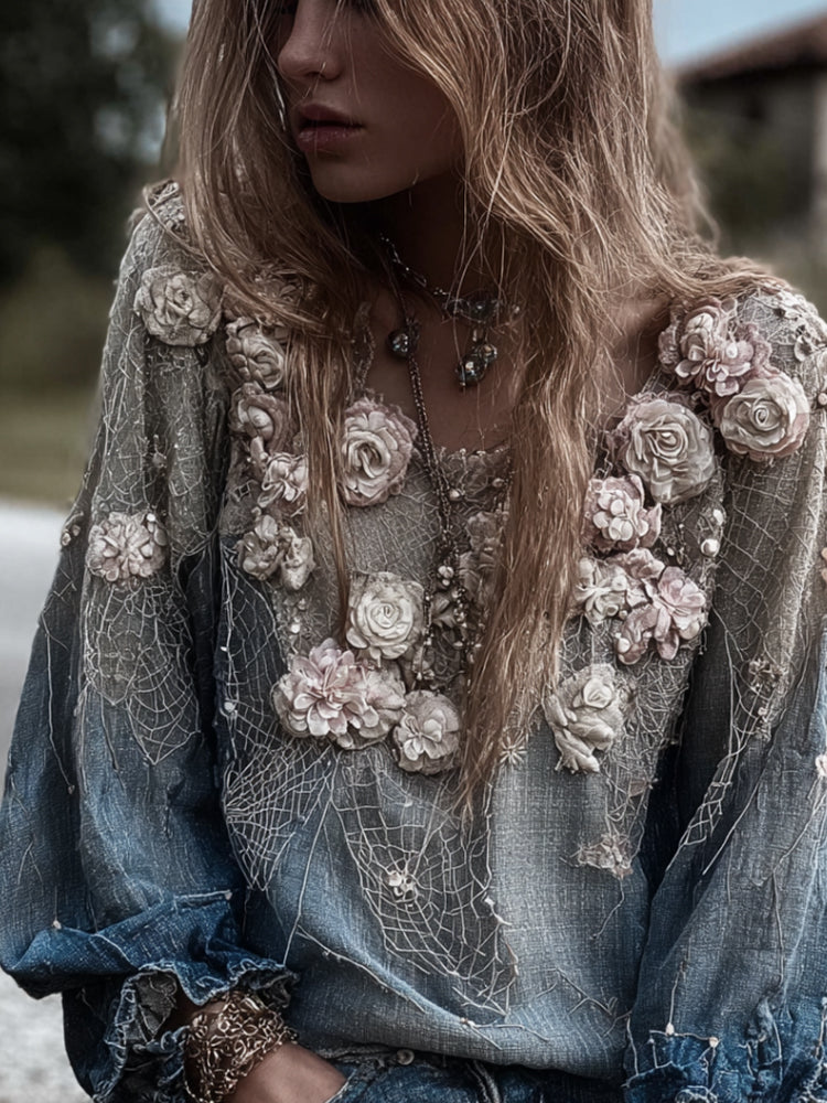 Pink Rose And Melancholy Blue Casual Long-sleeved Top artswardrobe