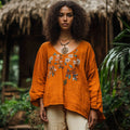 Retro Bohemian Floral Art Embroidery Print Cotton And Linen Blend Loose Blouse artswardrobe